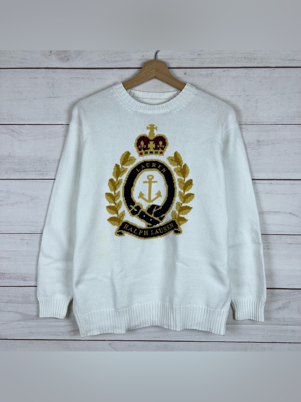 Lauren Ralph Lauren Crown Crest White Knit Sweater Crewneck Womens Medium